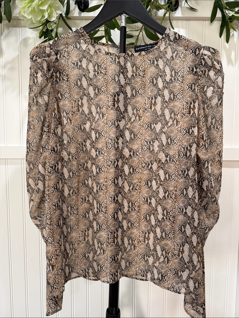 #747 GENERATION LOVE Snake-Print Puff Shoulder Semi-Sheer Blouse